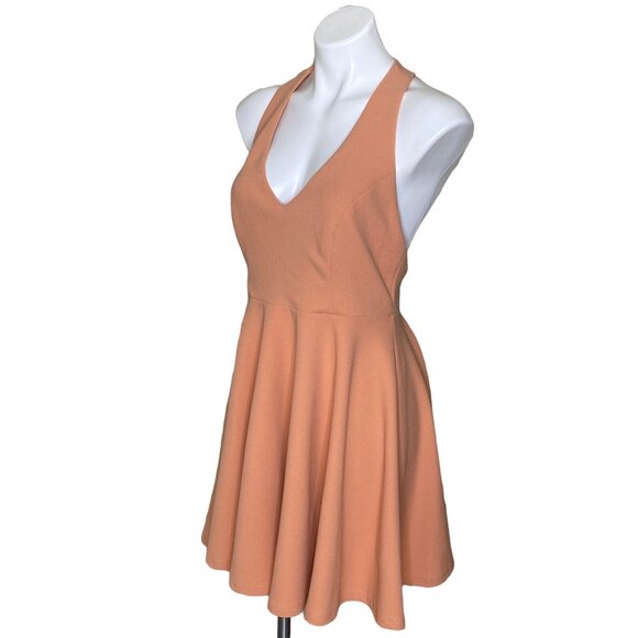 Lulus Peach Lawson Skater Dress With Deep V-Neckline & Open Back Design Size L - Picture 9 of 12